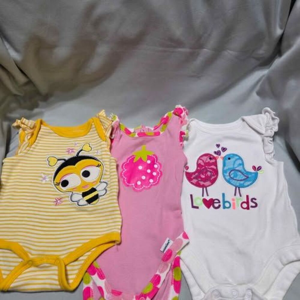3 Newborn bodysuits with bee, birds and berries on them like new